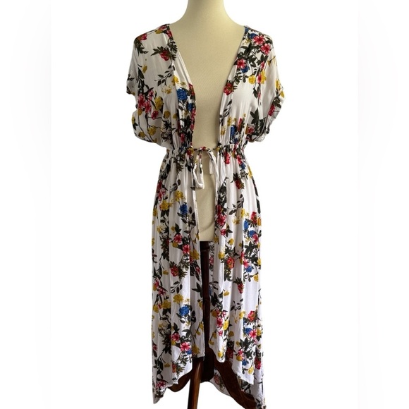 Time and Tru White Multicolor Floral Short Sleeve Tie Hi Low Hem Duster Size M - Picture 11 of 11